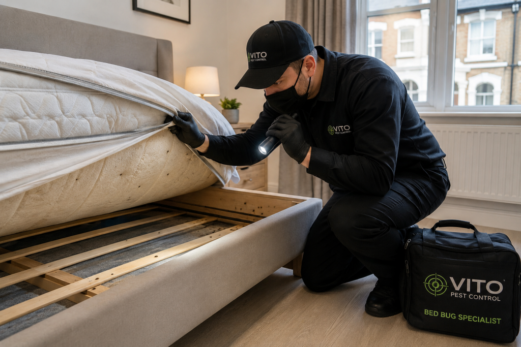 Bed bug technician inspecting a mattress and bed frame in a London home.