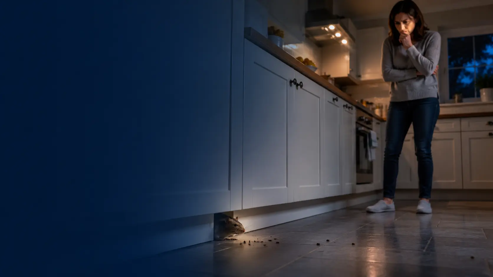 Signs of rat infestation in a kitchen as a rat emerges from beneath cabinets