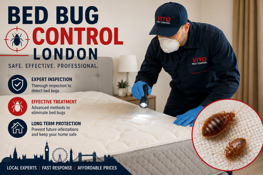 Professional bed bug control technician inspecting a mattress during expert bed bug treatment in London.