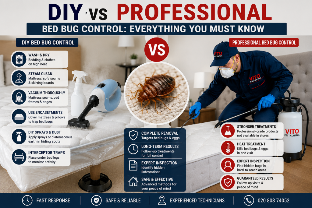 DIY vs professional bed bug control comparison showing home treatment methods and expert pest control services