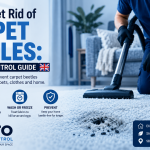 Professional pest control technician vacuuming carpet to remove carpet beetles and prevent infestations in UK homes