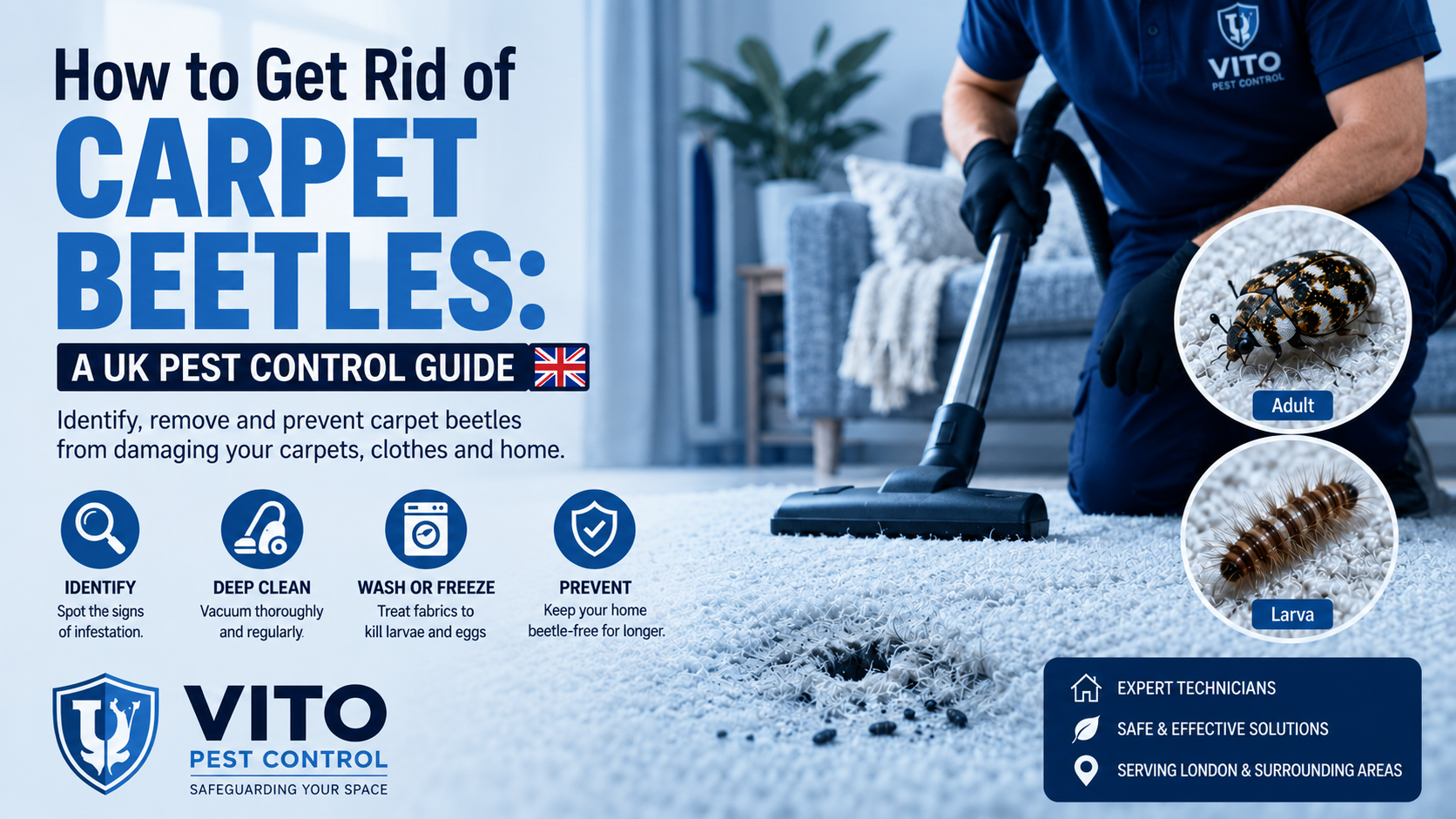 Professional pest control technician vacuuming carpet to remove carpet beetles and prevent infestations in UK homes