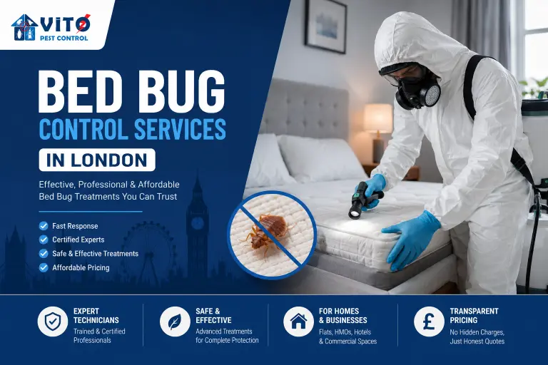 Professional technician treating a bed for bed bugs with Vito Pest Control London service branding.