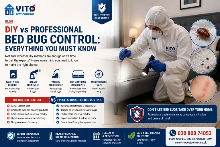 DIY vs Professional Bed Bug Control: Professional pest control technician inspecting a mattress for bed bugs in a London home with safe and effective bed bug treatment.