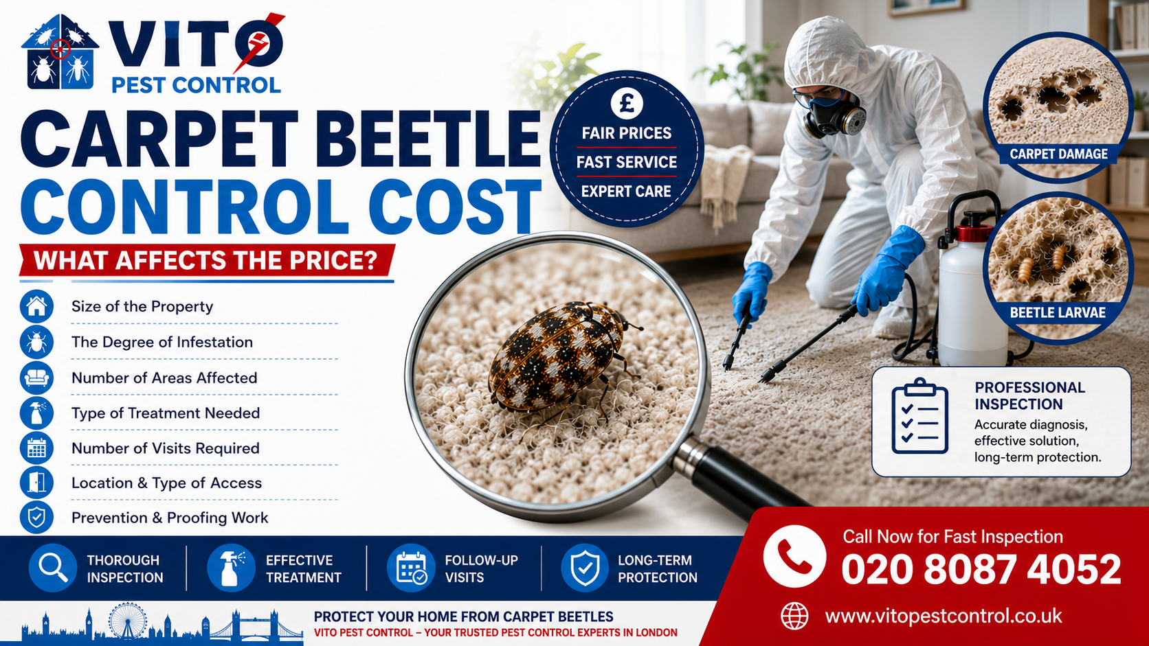 Professional carpet beetle control cost guide showing inspection, treatment, and pricing factors in London.