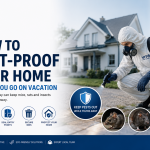Pest control expert inspecting a home before vacation to prevent rodent and insect infestations.
