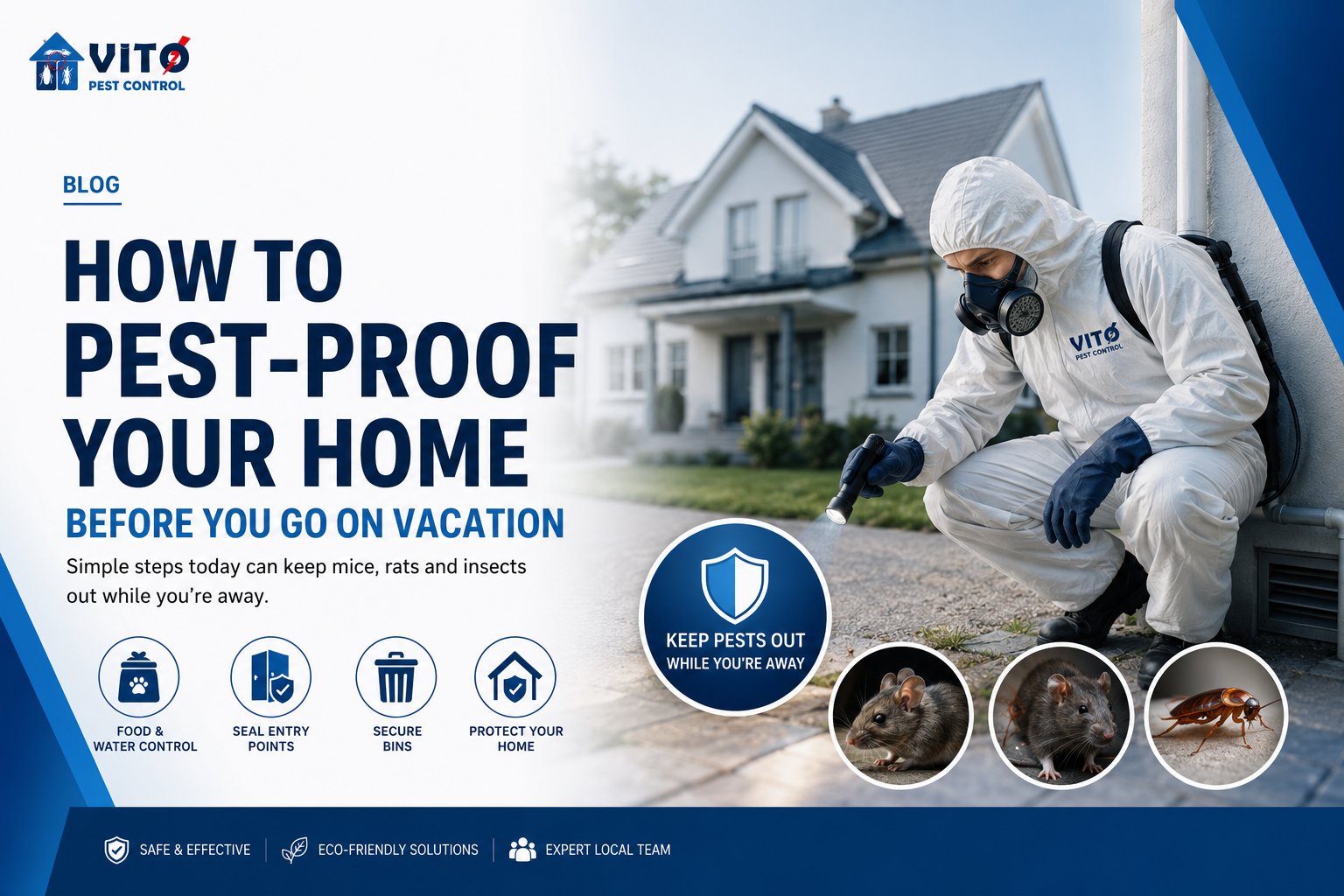 Pest control expert inspecting a home before vacation to prevent rodent and insect infestations.