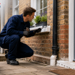Pest entry points around a London home being sealed by a professional technician to prevent mice and ants.