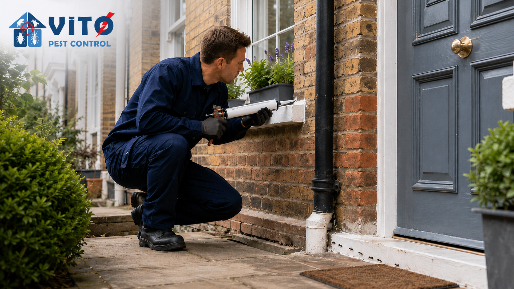 Pest entry points around a London home being sealed by a professional technician to prevent mice and ants.
