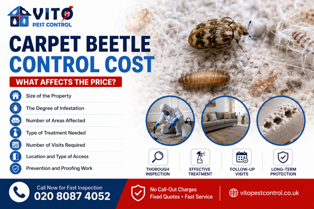 Carpet beetle control cost guide showing infestation, inspection, treatment, and pricing factors in London.