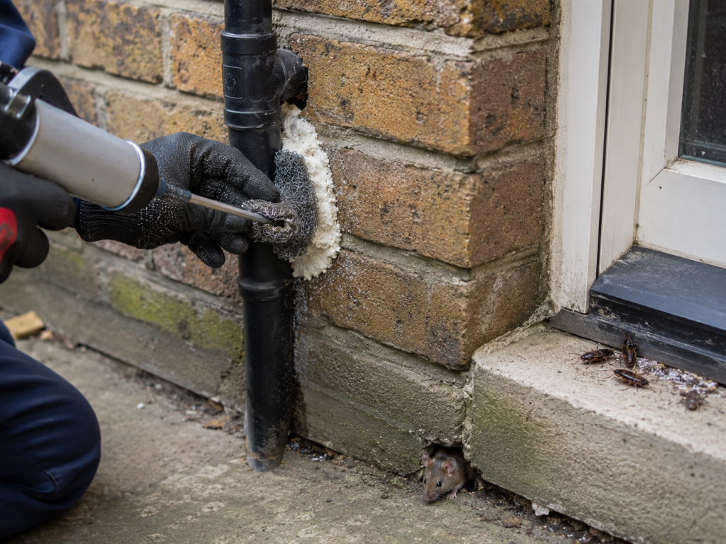 Pest entry points around pipes in a London home sealed with steel wool and foam to block mice and cockroaches.