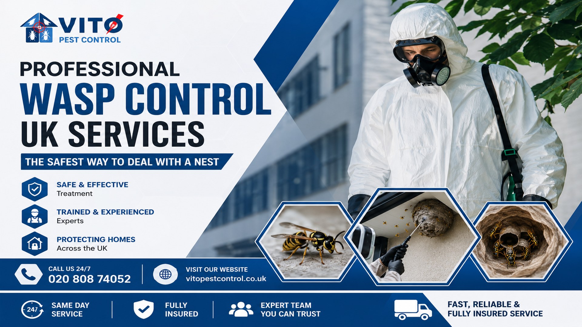 Professional wasp control UK technician safely treating a wasp nest