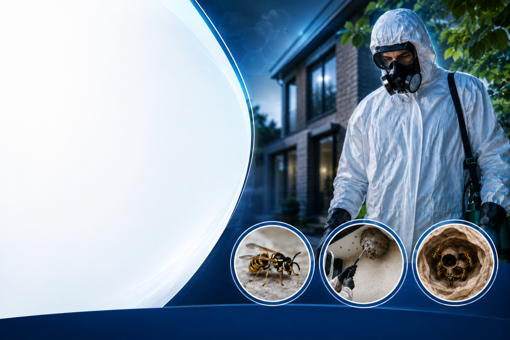 Professional wasp control UK technician treating a wasp nest safely